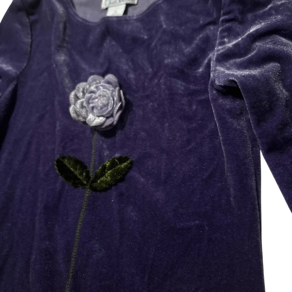 Vintage Girls Dress 5 Childrens Place Purple‎ Velvet Long Sleeve Rose Applique - Picture 3 of 5